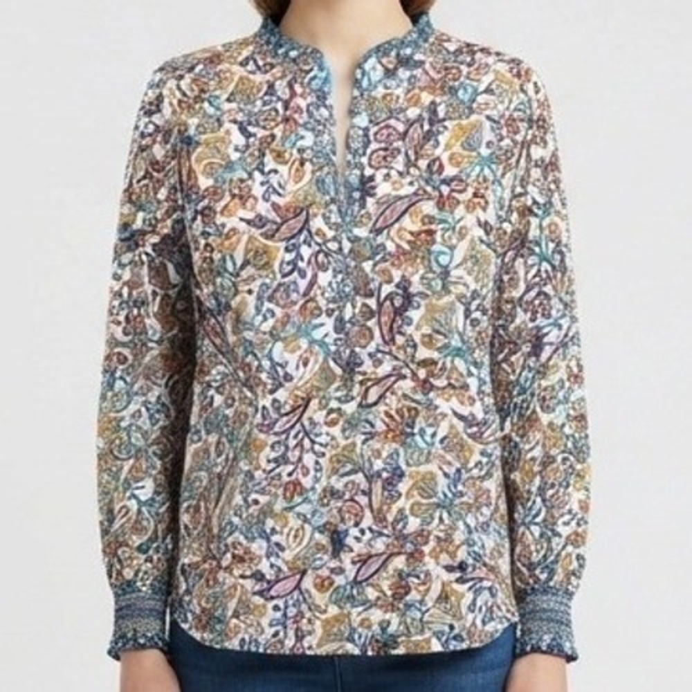 Talbots Blouse Womens Small White Paisley Floral Smocked Cuff Cotton Top